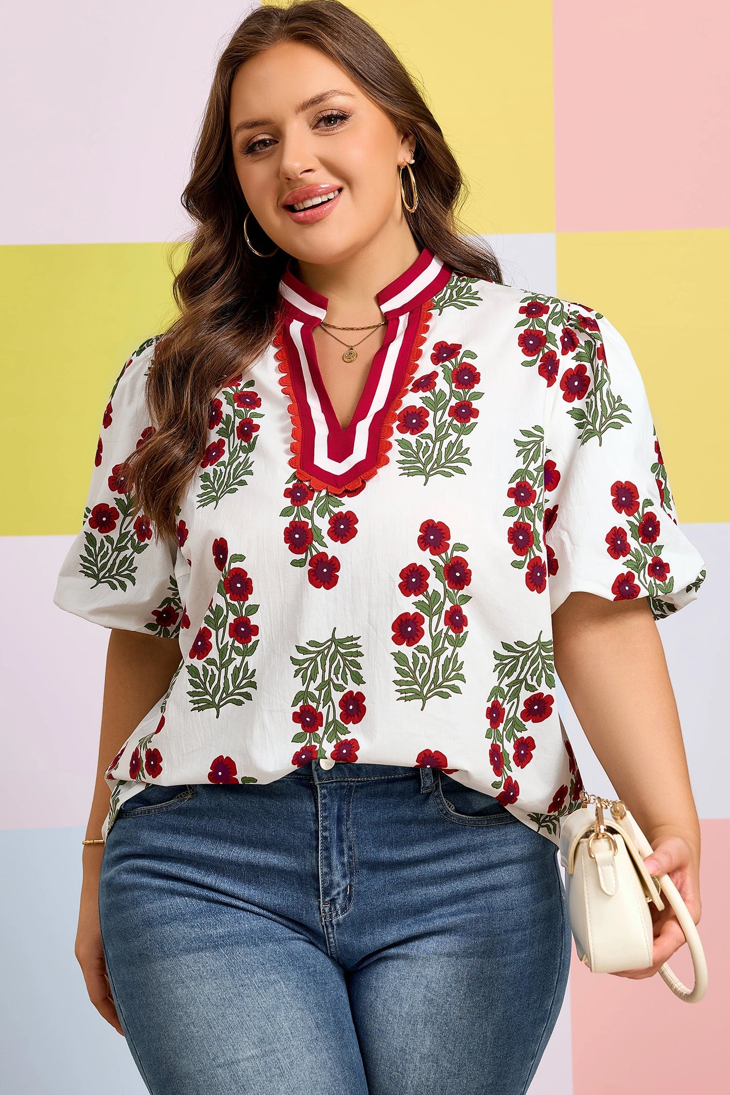 Curvy White Floral Ricrac Top