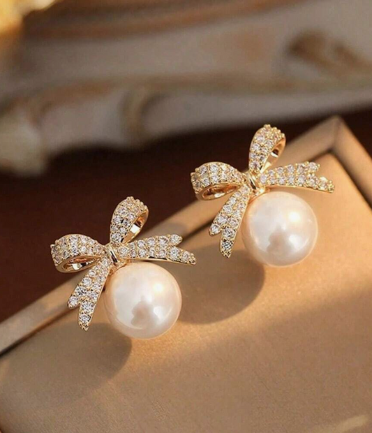 Bowknot-Shaped Pearl Rhinestone Earrings
