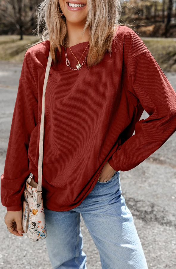 Red Ribbed Oversized Sweatshirt