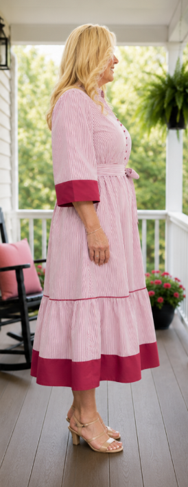 Red Stripe Ruffle Hem Midi Curvy